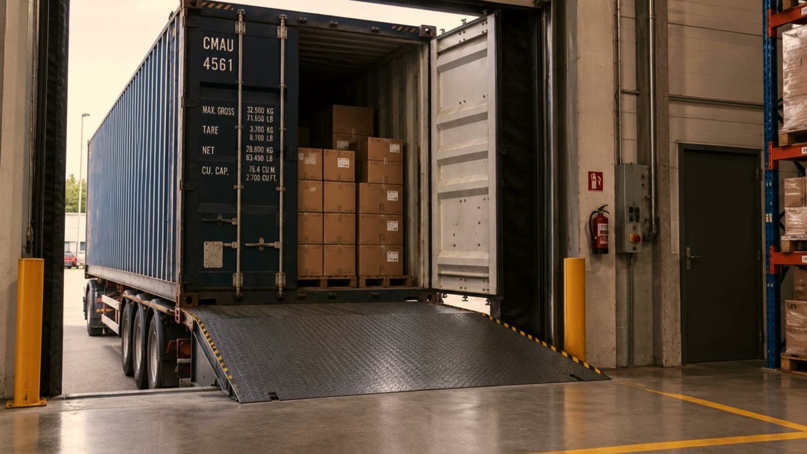 Lkw mit Container an der Rampe, Überladebrücke ausgefahren