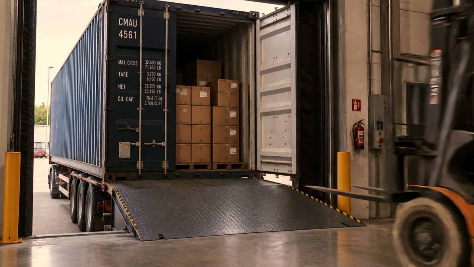 Container am Tor, Überladebrücke ausgefahren, Stapler fährt heran